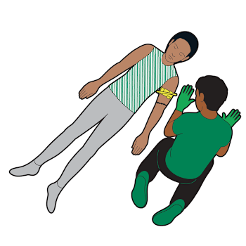 Illustration of a person lying on the floor with a tourniquet on their arm. Another person is kneeling down next to them, wearing green medical gloves. 