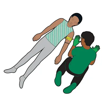 Illustration of a person lying on the floor with a tourniquet on their arm. Another person is kneeling down next to them, wearing green medical gloves.
