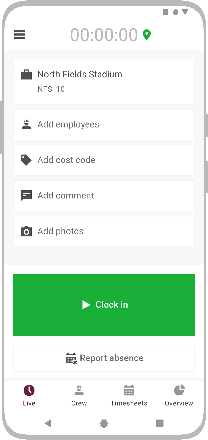 Mobile - Live screen (Not clocked in)