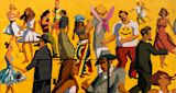 Decorative image of painted mural of people dancing for article