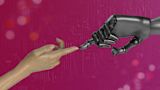 Decorative image of human hand touching robot hand for article