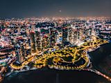 Aerial night view of a city skyline