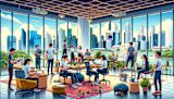 Decorative image of people working in a building