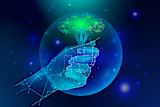 Decorative image of a hand hologram or drawing holding a tree