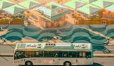 Decorative image of a bus and a road