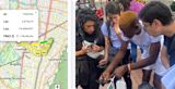 A map next to people crowding round phones