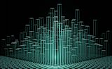 Decorative image which is a drawing or 2d rendering of blue lines on a black background with a grid and vertical bars made up of lines