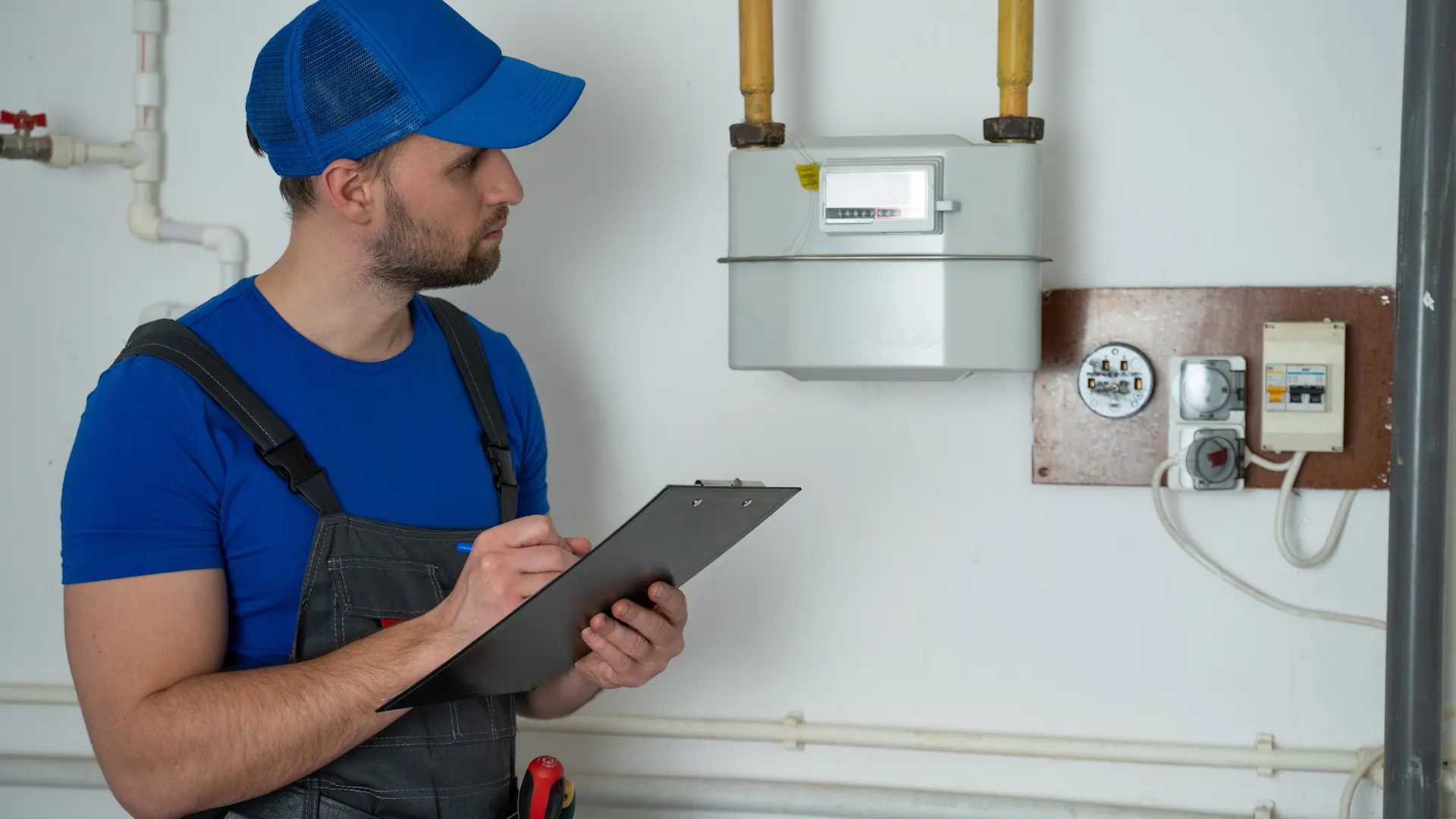Inbetriebnahme Gasanschluss Ein Installateur der NEW Energie steht vor mehreren Gaszählern und dokumentiert die Inbetriebnahme auf einem Blatt.