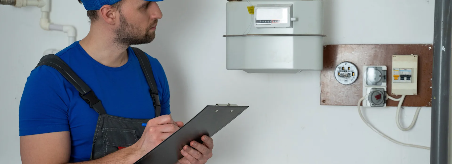 Inbetriebnahme Gasanschluss Ein Installateur der NEW Energie steht vor mehreren Gaszählern und dokumentiert die Inbetriebnahme auf einem Blatt.