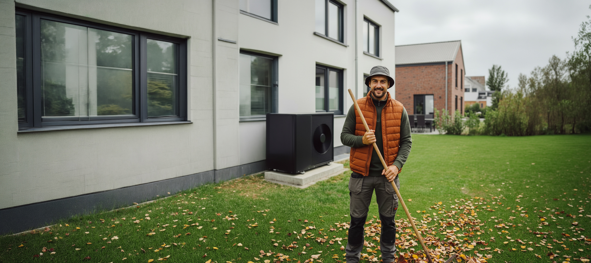 Ein Mann steht im herbstlichen Look vor seinem Haus mit einer Wärmepumpe, die er von der NEW Energie hat. Dieses Bild wurde mit Hilfe von KI erstellt