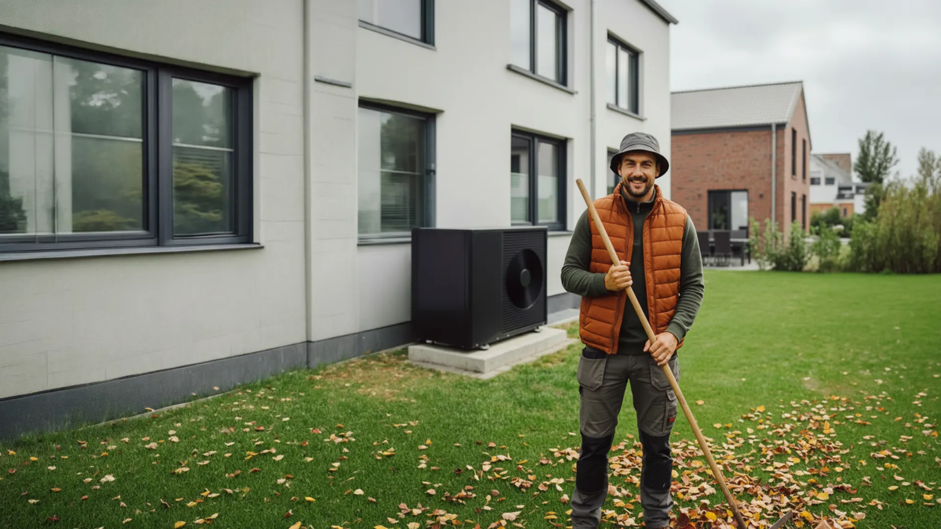 Herbstdeal Wärmepumpe bei der NEW Energie. Dieses Bild wurde mit Hilfe von KI erstellt Ein Mann steht im herbstlichen Look vor seinem Haus mit einer Wärmepumpe, die er von der NEW Energie hat. Dieses Bild wurde mit Hilfe von KI erstellt