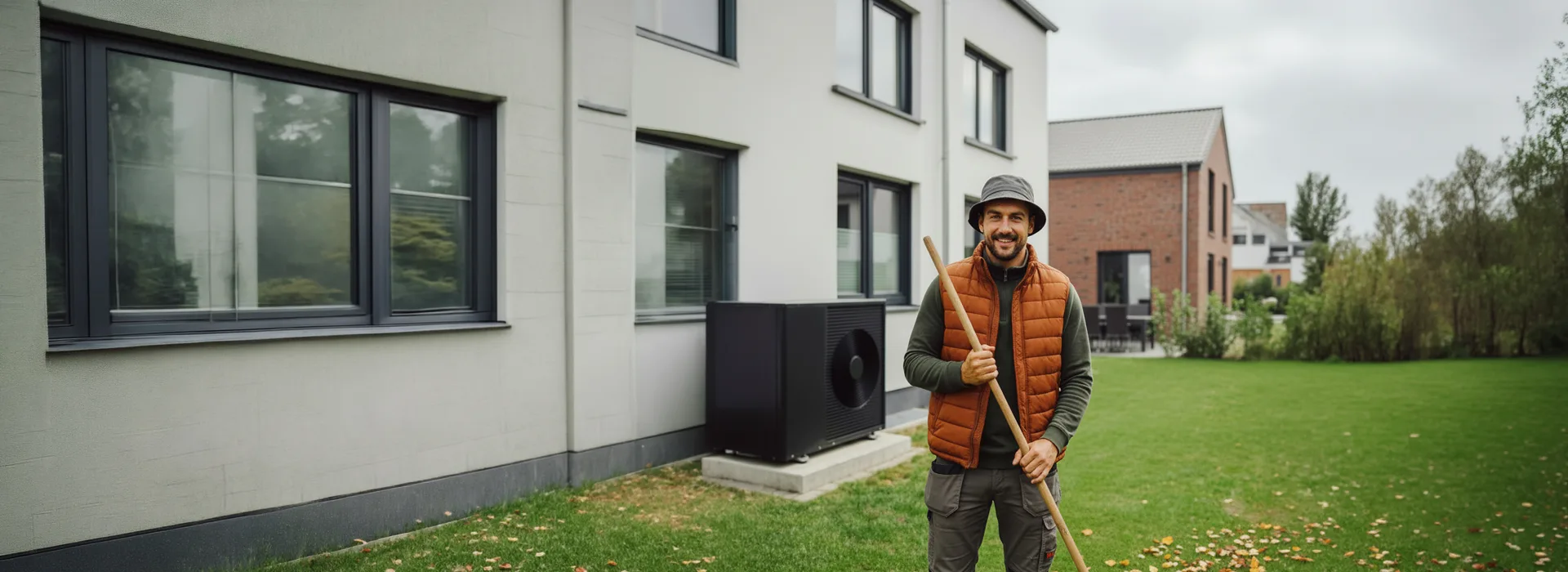 Herbstdeal Wärmepumpe bei der NEW Energie. Dieses Bild wurde mit Hilfe von KI erstellt Ein Mann steht im herbstlichen Look vor seinem Haus mit einer Wärmepumpe, die er von der NEW Energie hat. Dieses Bild wurde mit Hilfe von KI erstellt
