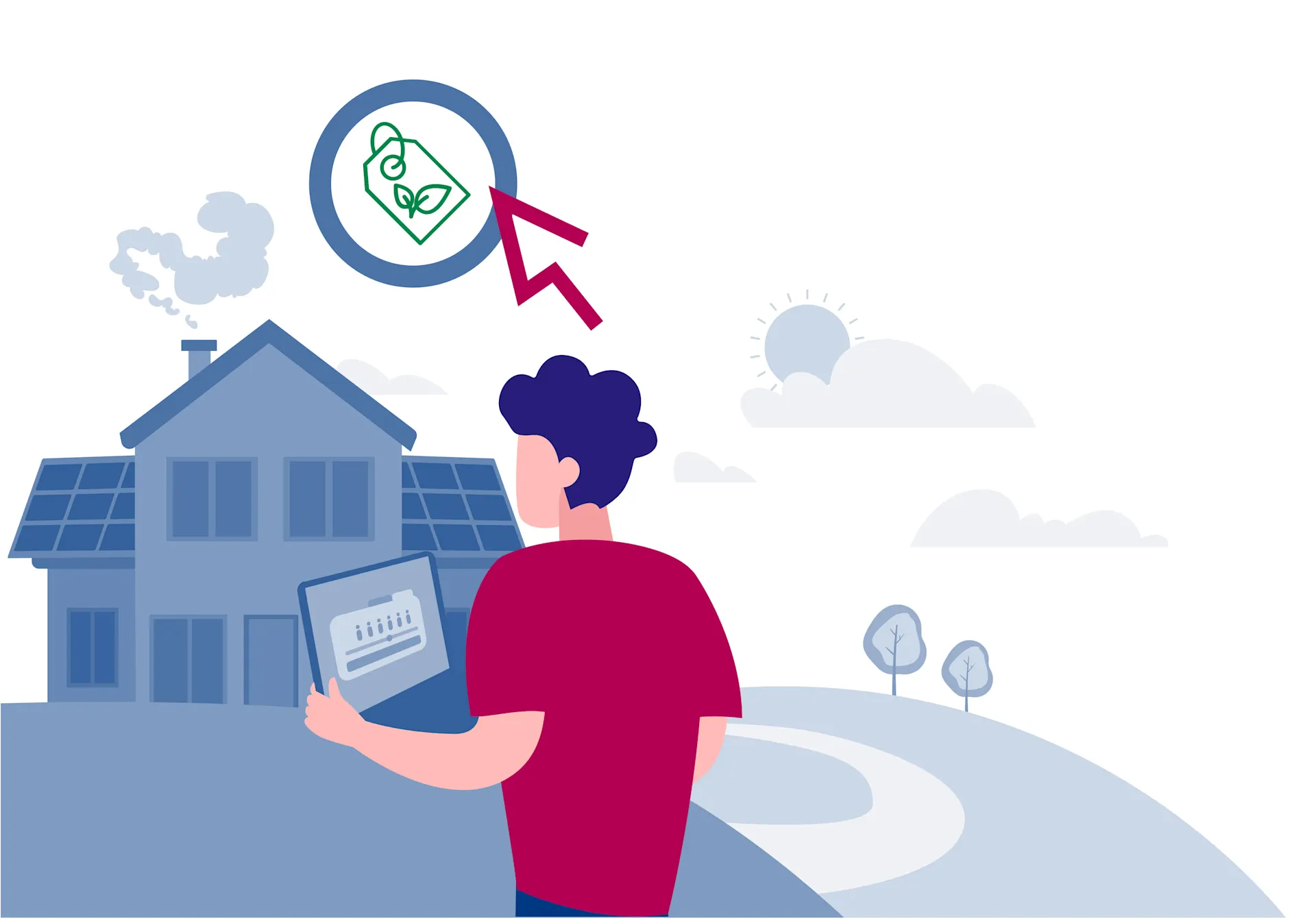 Klimaschutz bei der KlickEnergie Skizze eines Mannes vor einem Einfamilienhaus. Er hat ein Tablet in der Hand und informiert sich über den Klimaschutz bei der KlickEnergie.