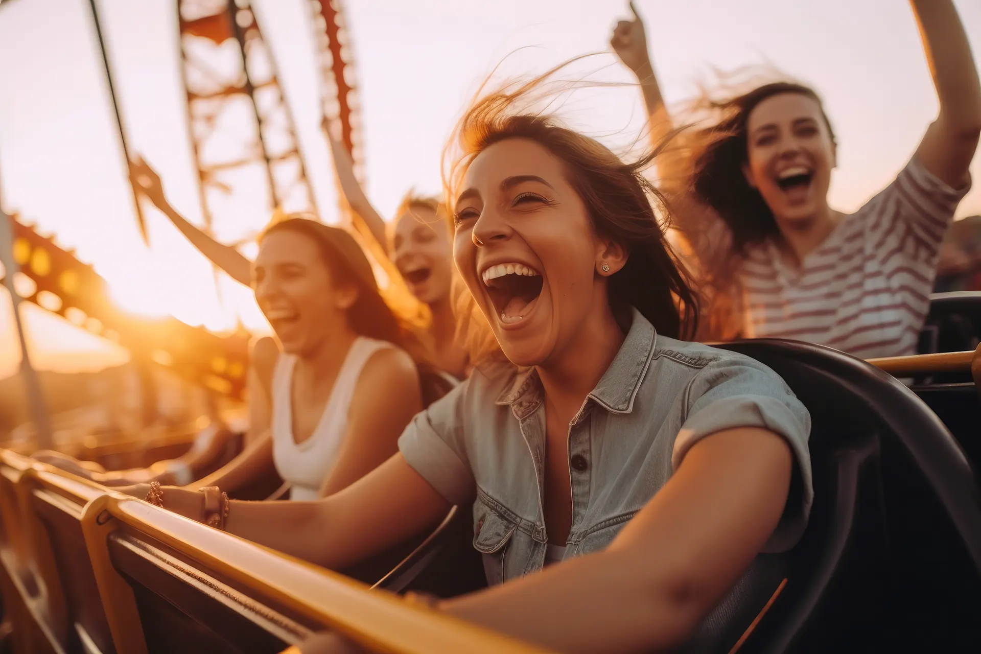 Junge Frauen sitzen in einer Achterbahn und haben Spaß.