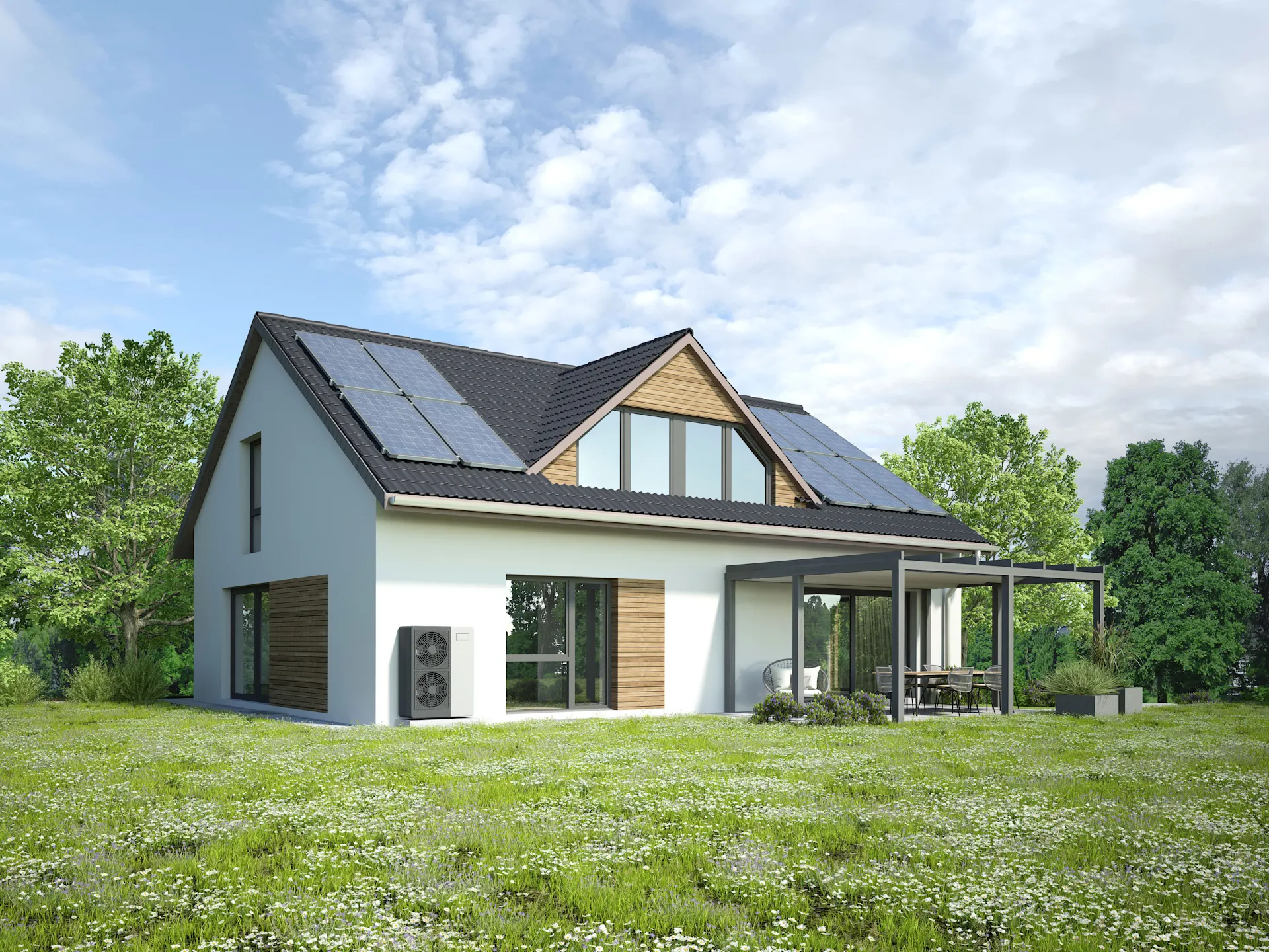Haus mit PV-Anlage und Wärmepumpe Ein modernes Einfamilienhaus mit PV-Anlage und Wärmepumpe.