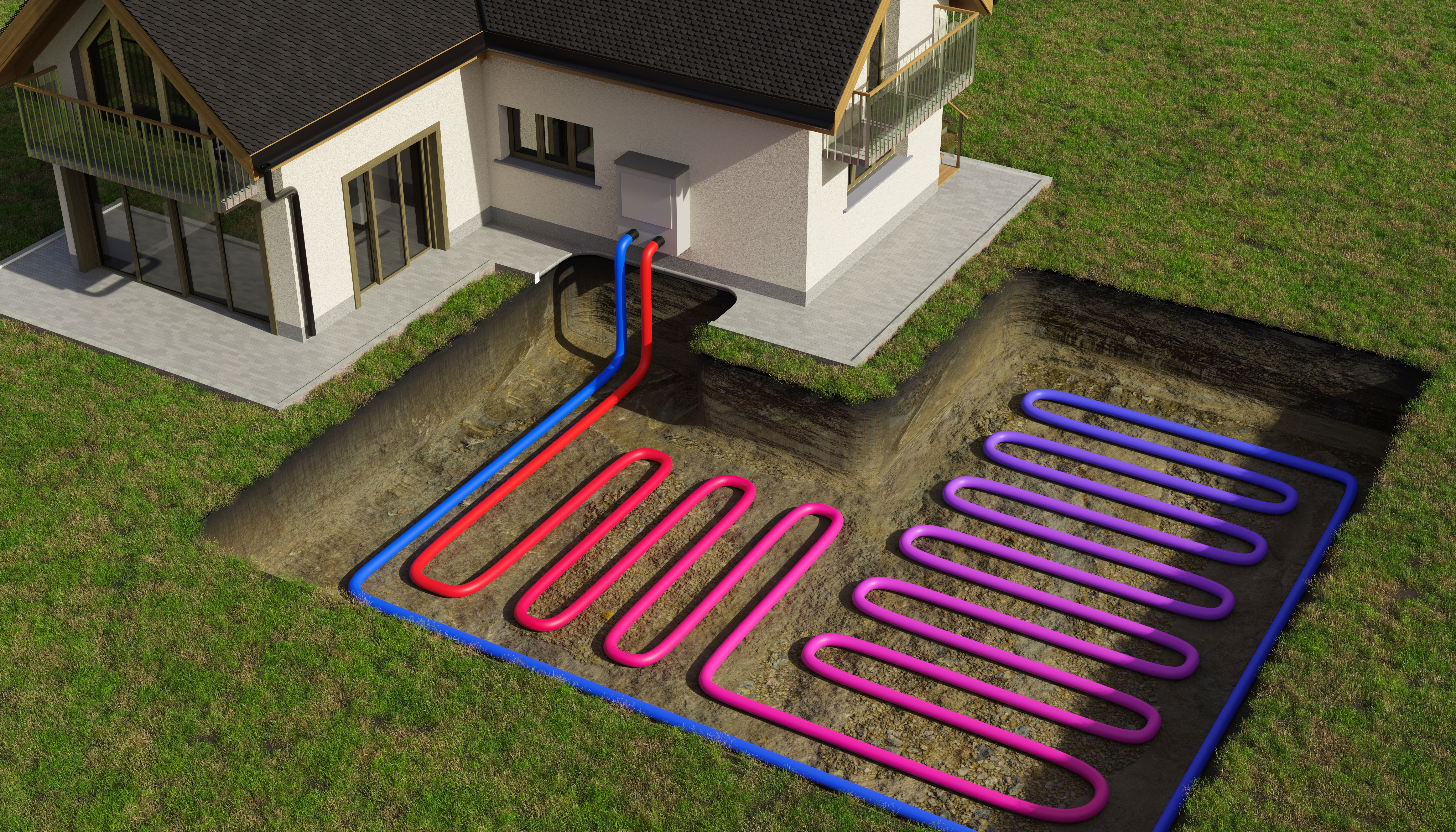 Hausansicht Einbau Sole-Wasser-Wärmepumpe.