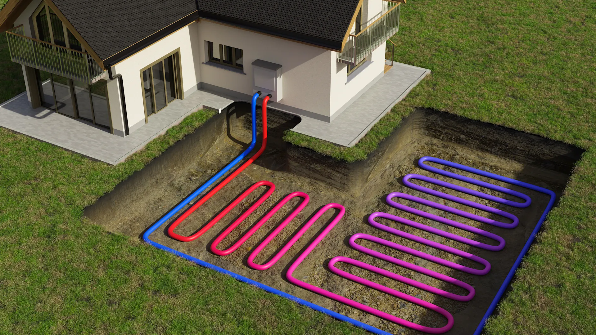 Sole-Wasser-Wärmepumpe Hausansicht Einbau Sole-Wasser-Wärmepumpe.