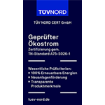 Bewertungssiegel TÜV NORD "Geprüfter Ökostrom".