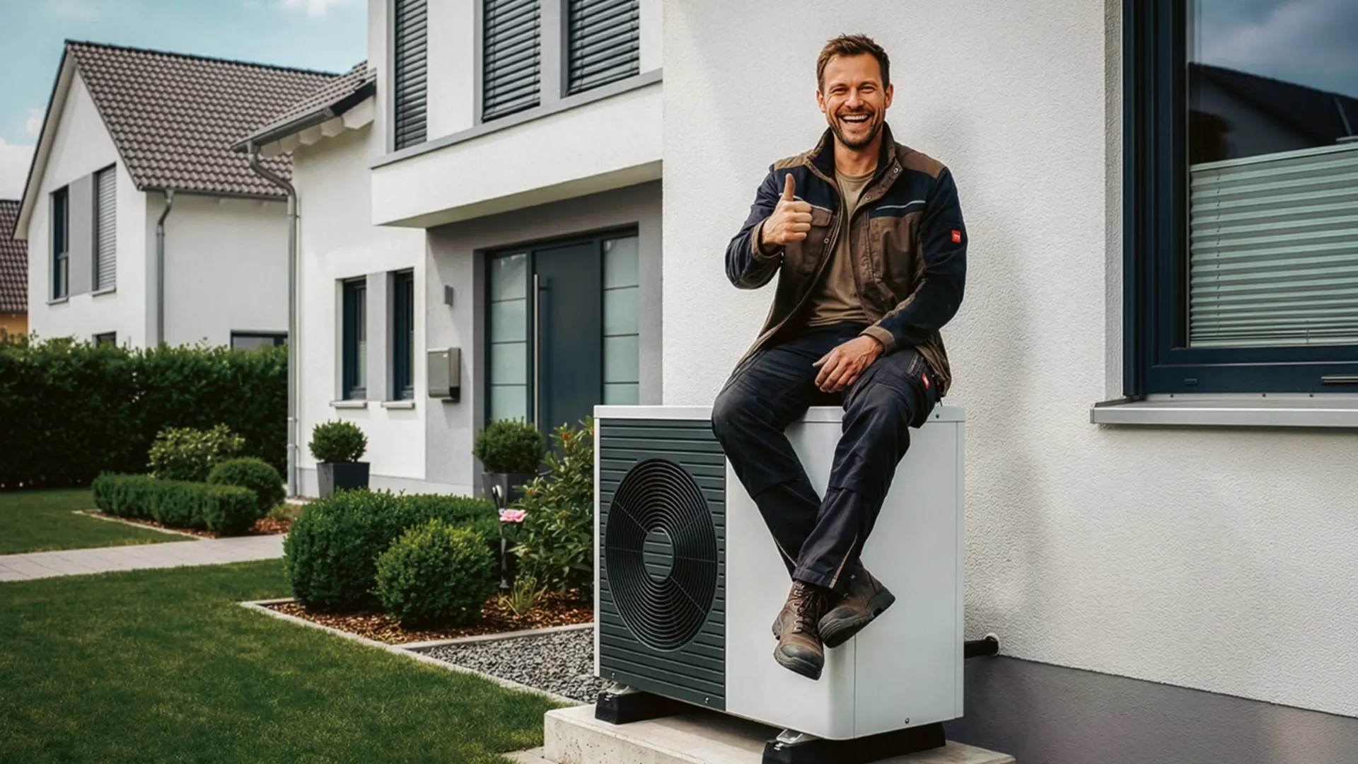 Wärmepumpe bei der NEW Energie Ein Mann sitzt nach erfolgreicher Installation auf einer Wärmepumpe von der NEW Energie.