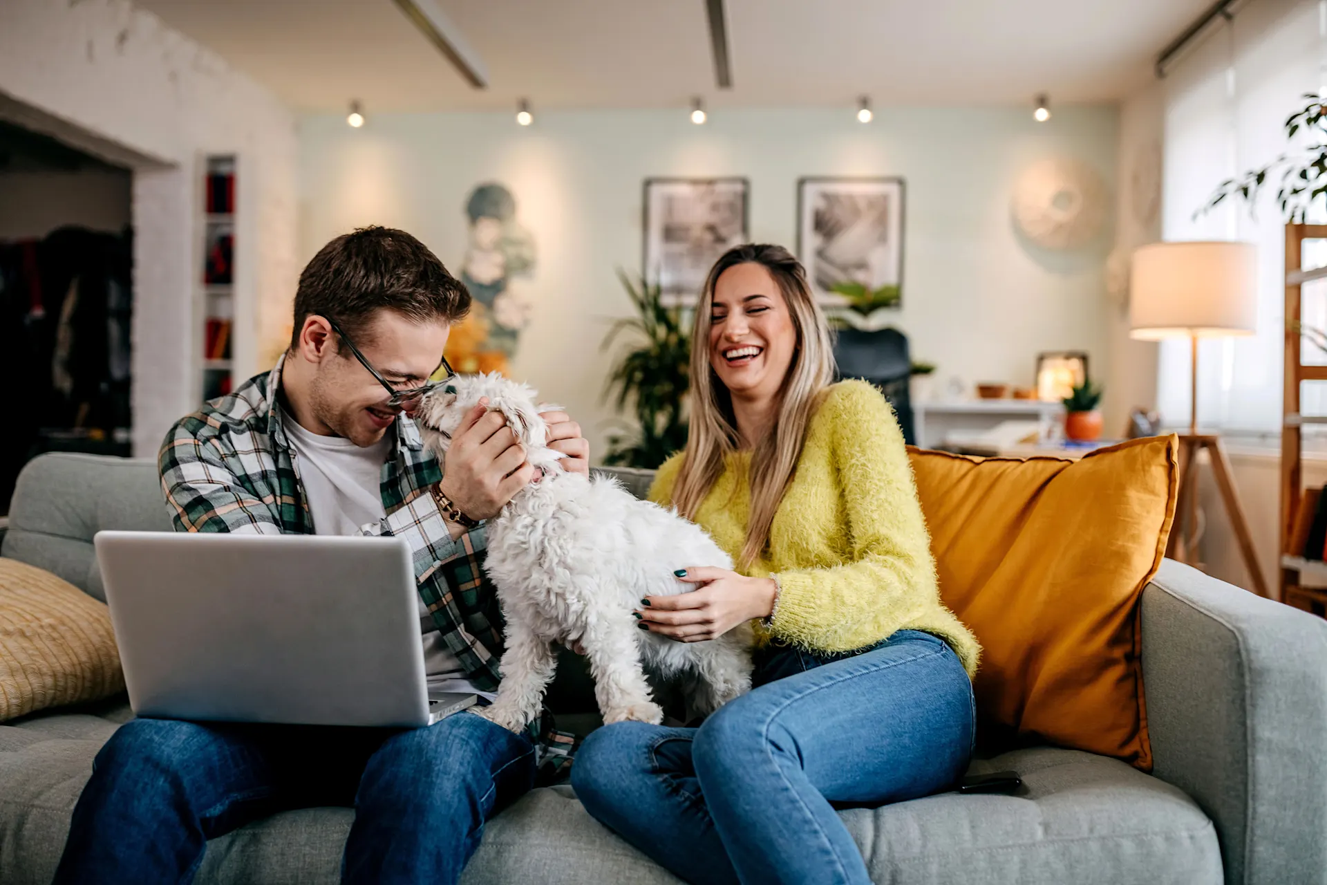 Ein Mann sitzt mit einer Frau sowie Hund und Laptop auf dem Sofa. Sie informieren sich über das Weiterempfehlungsprogramm der NEW Energie.