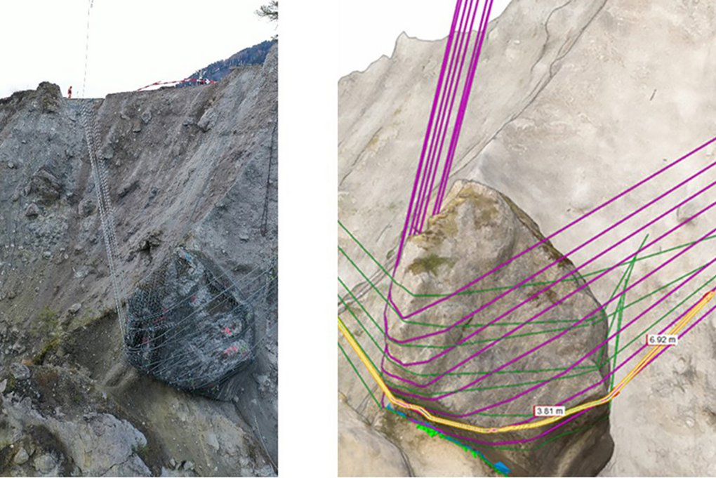 Links zu sehen ist der Felsblock wie er mit Drahtseilen befestigt ist. Rechts sieht man die dazu passende 3-D-Modellierung.