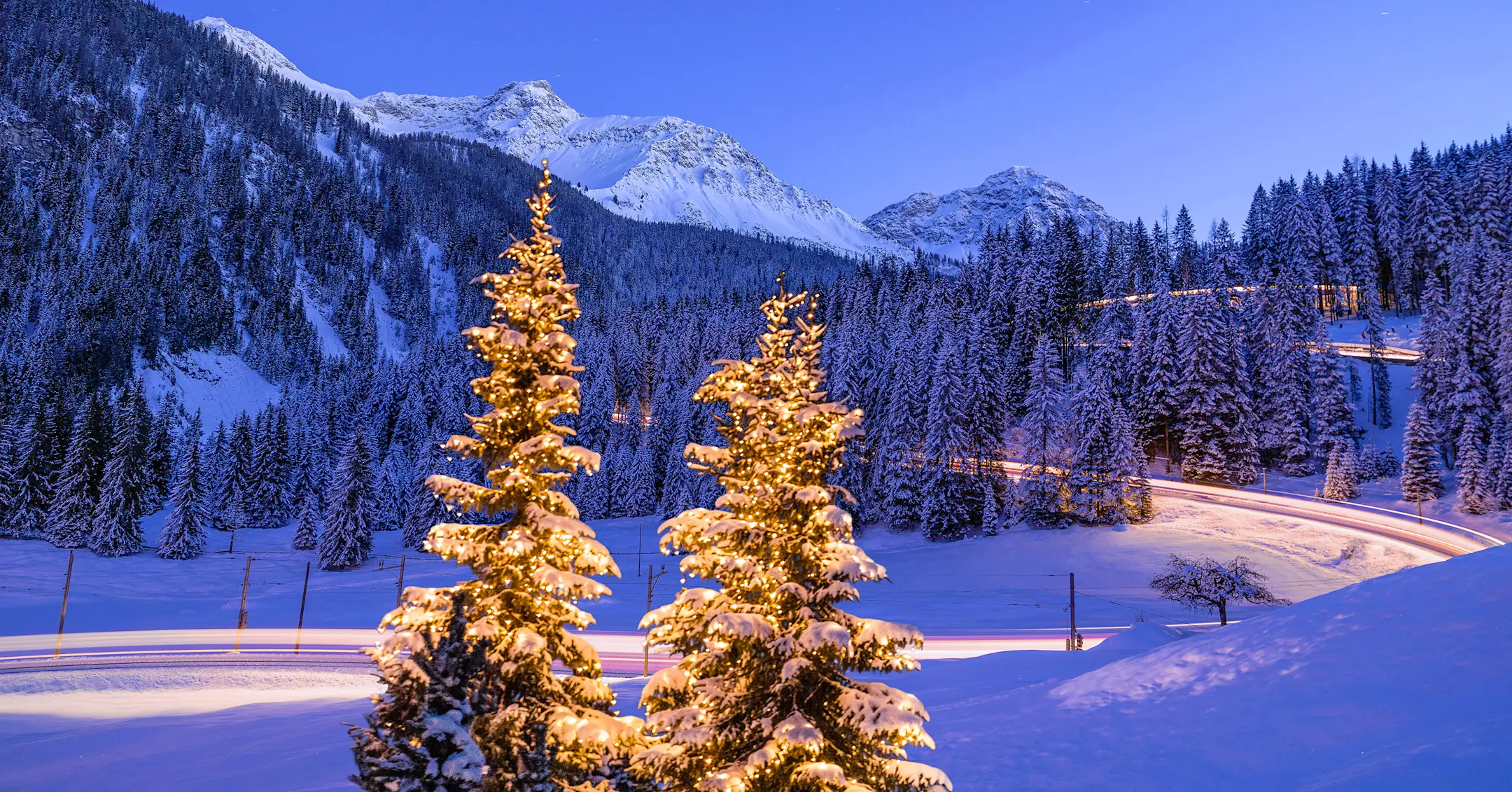 Verschneite, mit Lichterketten geschmückte Weihnachtsbäume im Vordergrund, im Hintergrund ein lang belichteter Zug.