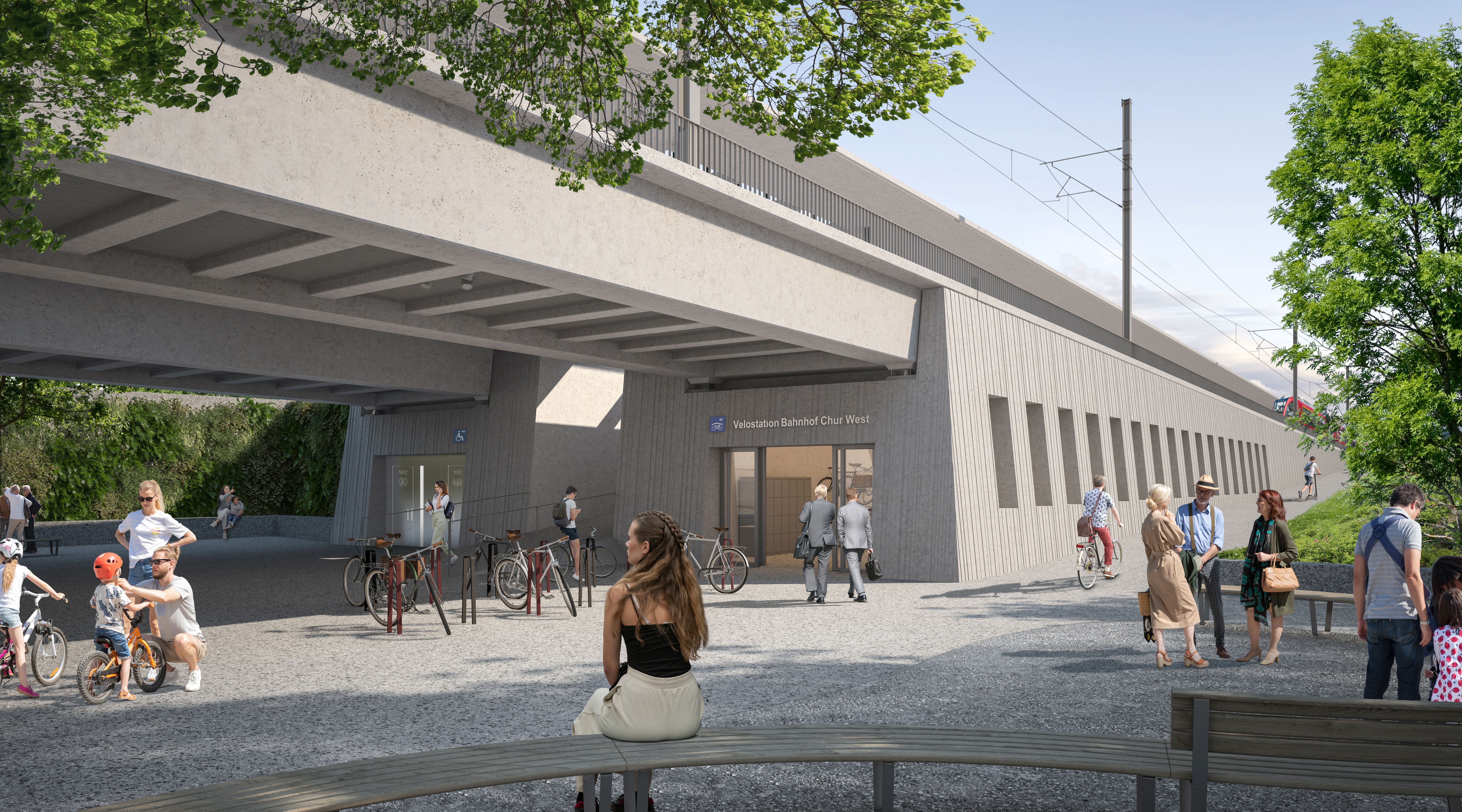 Visualisierung des neuen Bahnhofs Chur West mit Blick unter die Bahnbrücke. Zu sehen sind Velofahrende und Fussgänger.