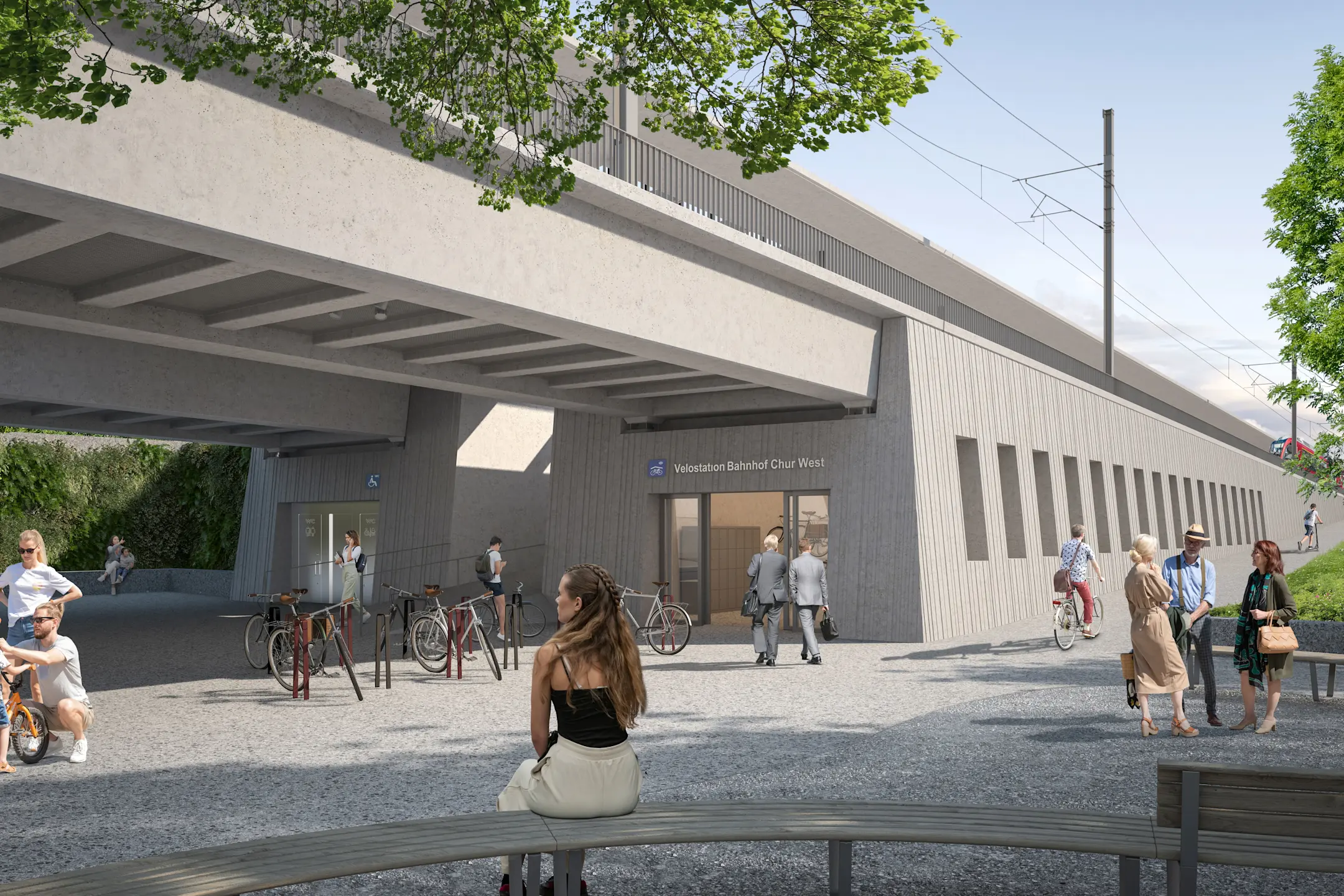 Visualisierung des neuen Bahnhofs Chur West mit Blick unter die Bahnbrücke. Zu sehen sind Velofahrende und Fussgänger.