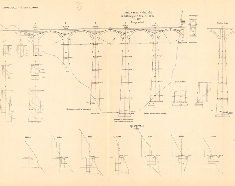Plan des Landwasserviadukts aus der Denkschrift zur Albulabahn von Dr. F. Hennings aus dem Jahr 1908.