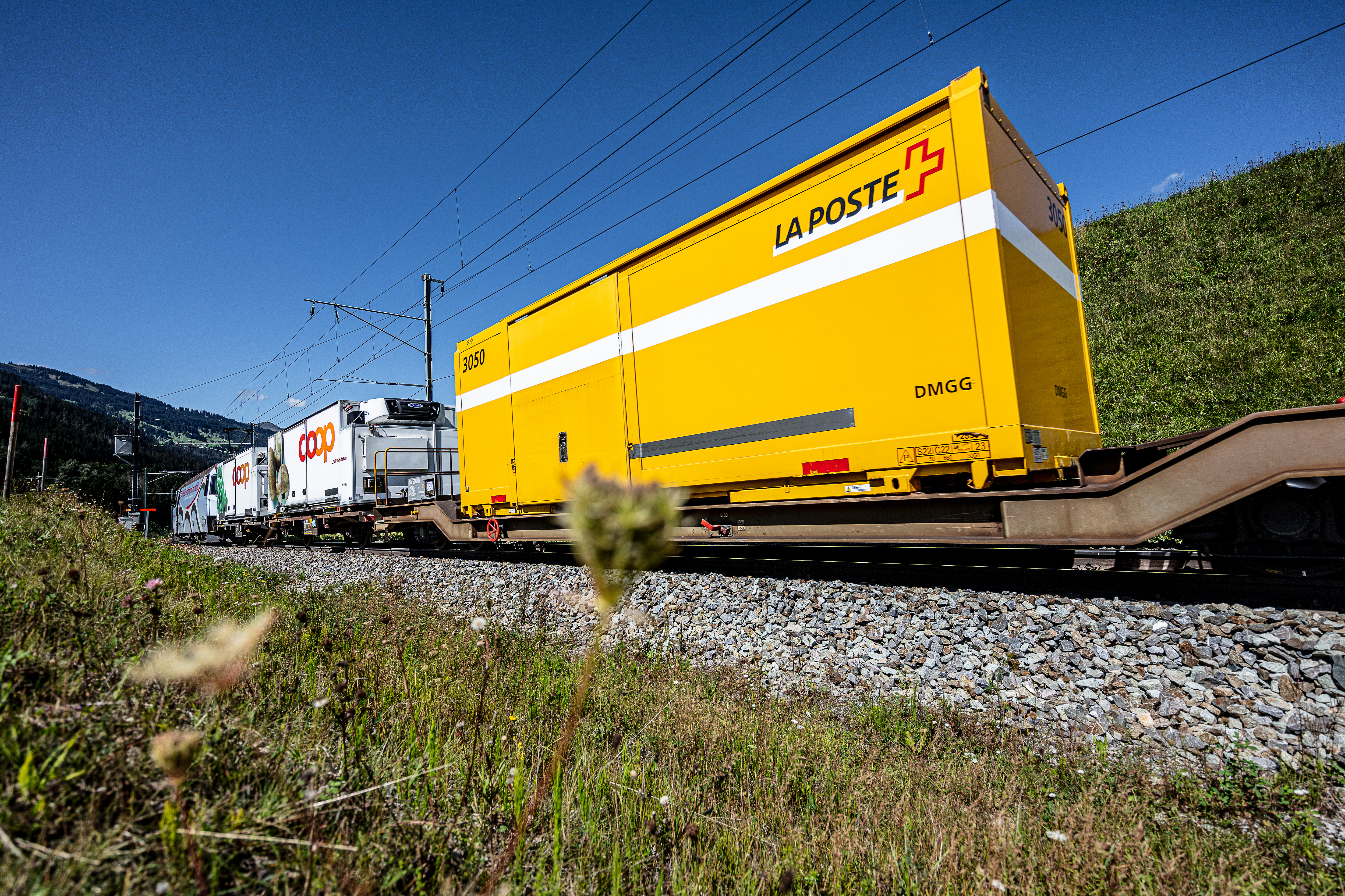 Ein Güterzug der RhB im Sommer im Prättigau, Nahaufnahme von einem Wechselbehälter