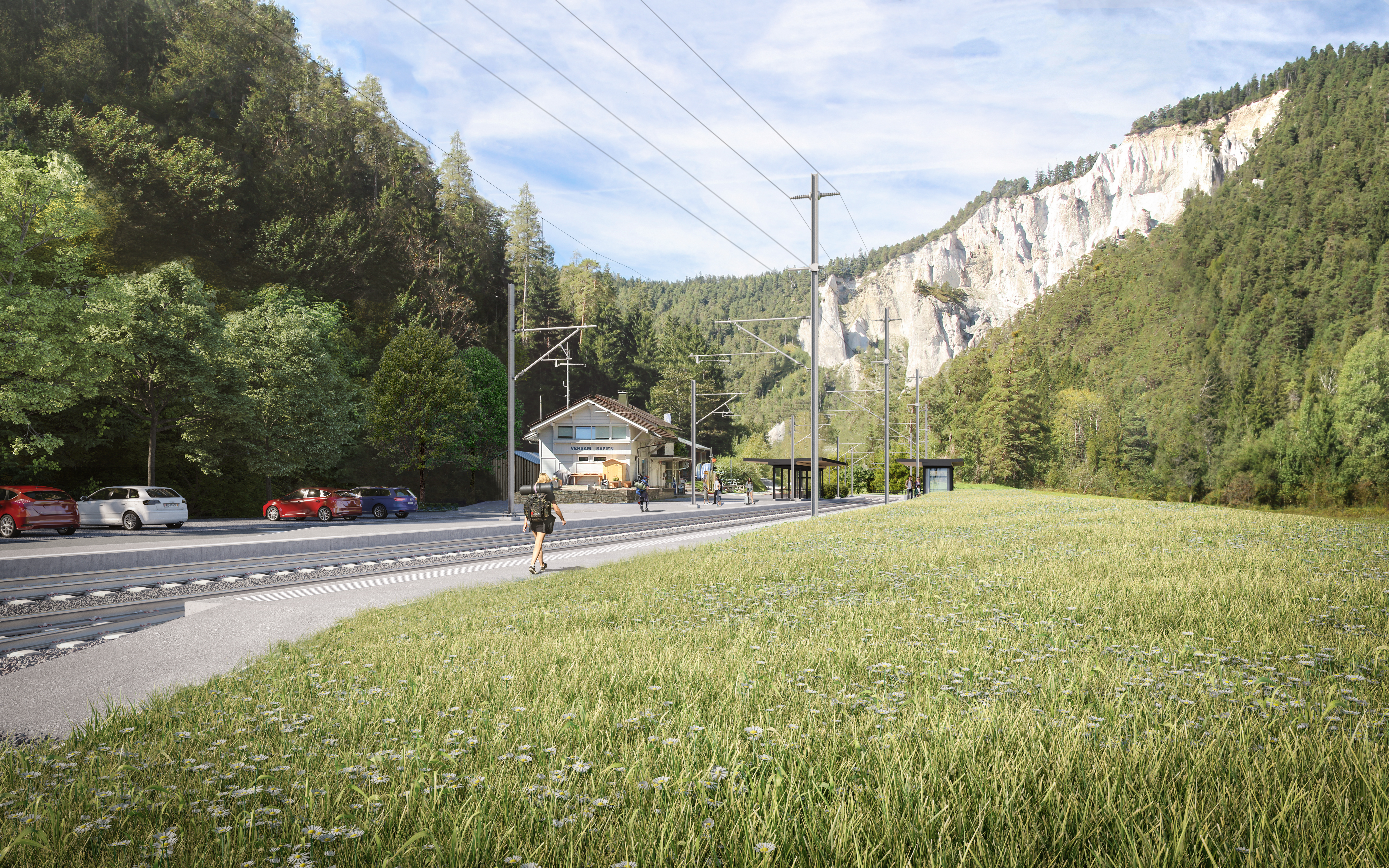 Visualisierung der neuen Perronanlagen des Bahnhofs Versam-Safien.