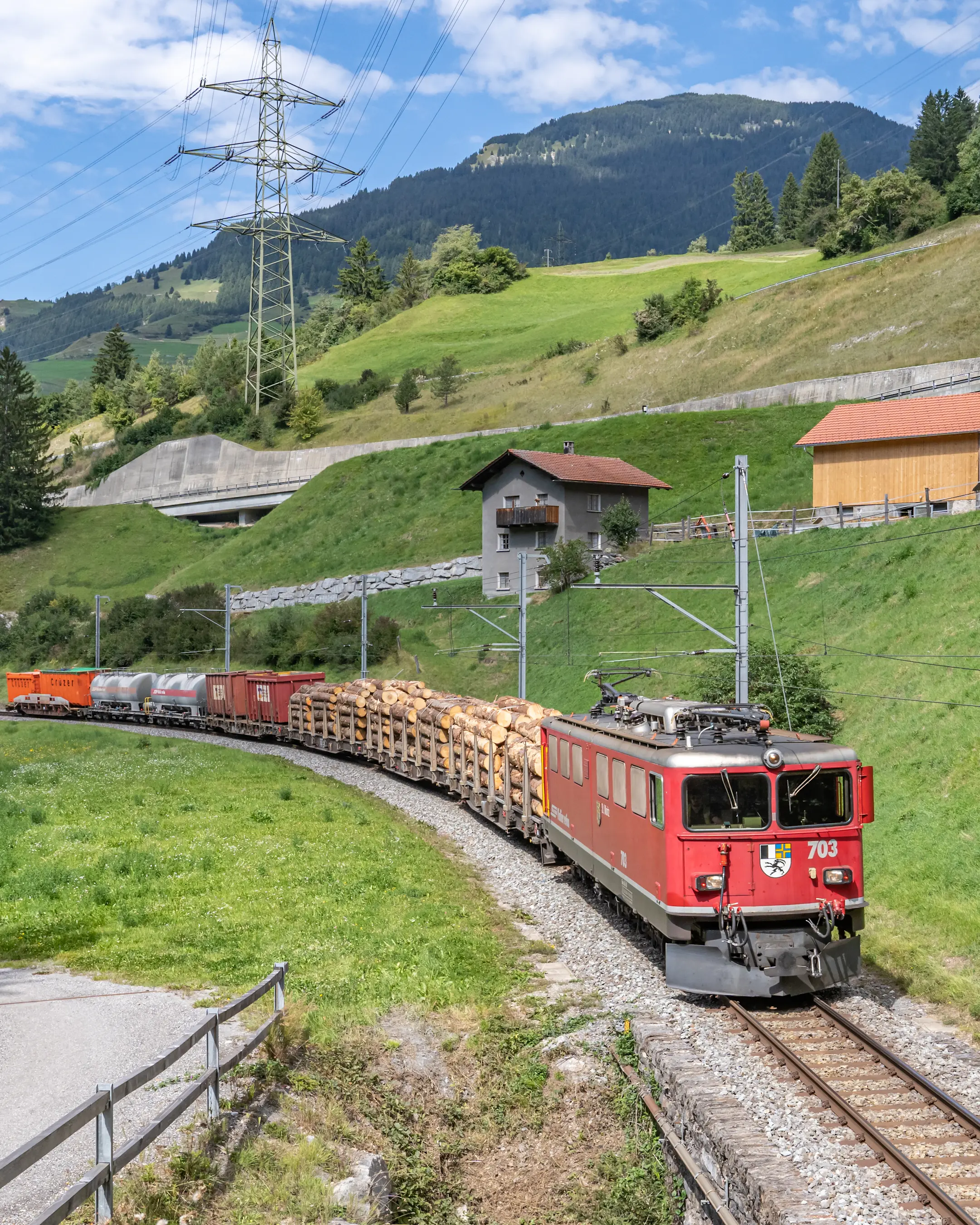 Güterzug der RhB im Albulatal im Sommer mit Containern, Holz und Kesselwagen