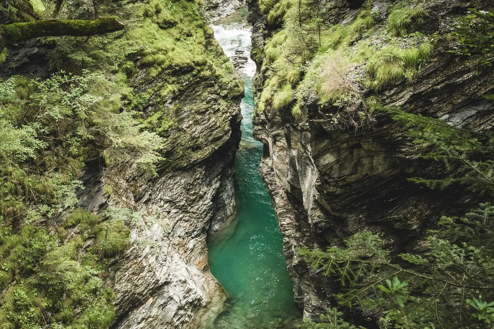 Una stretta e ripida gola rocciosa con acque turchesi, circondata da rocce ricoperte di muschio e vegetazione rigogliosa.
