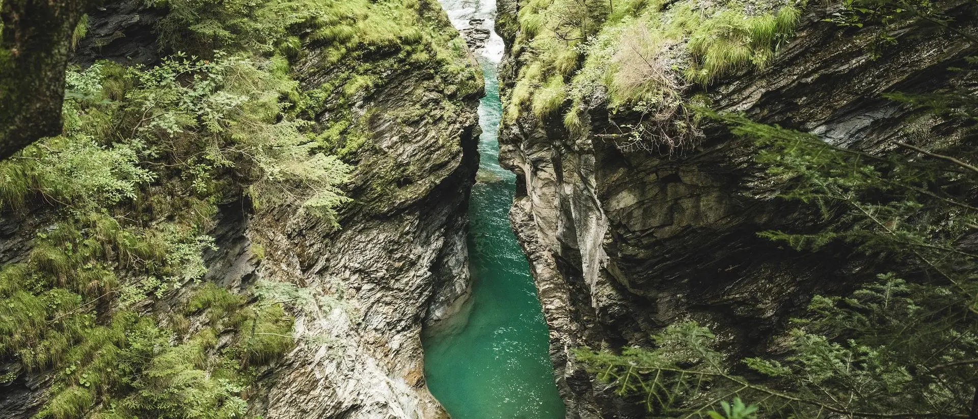 Una stretta e ripida gola rocciosa con acque turchesi, circondata da rocce ricoperte di muschio e vegetazione rigogliosa.