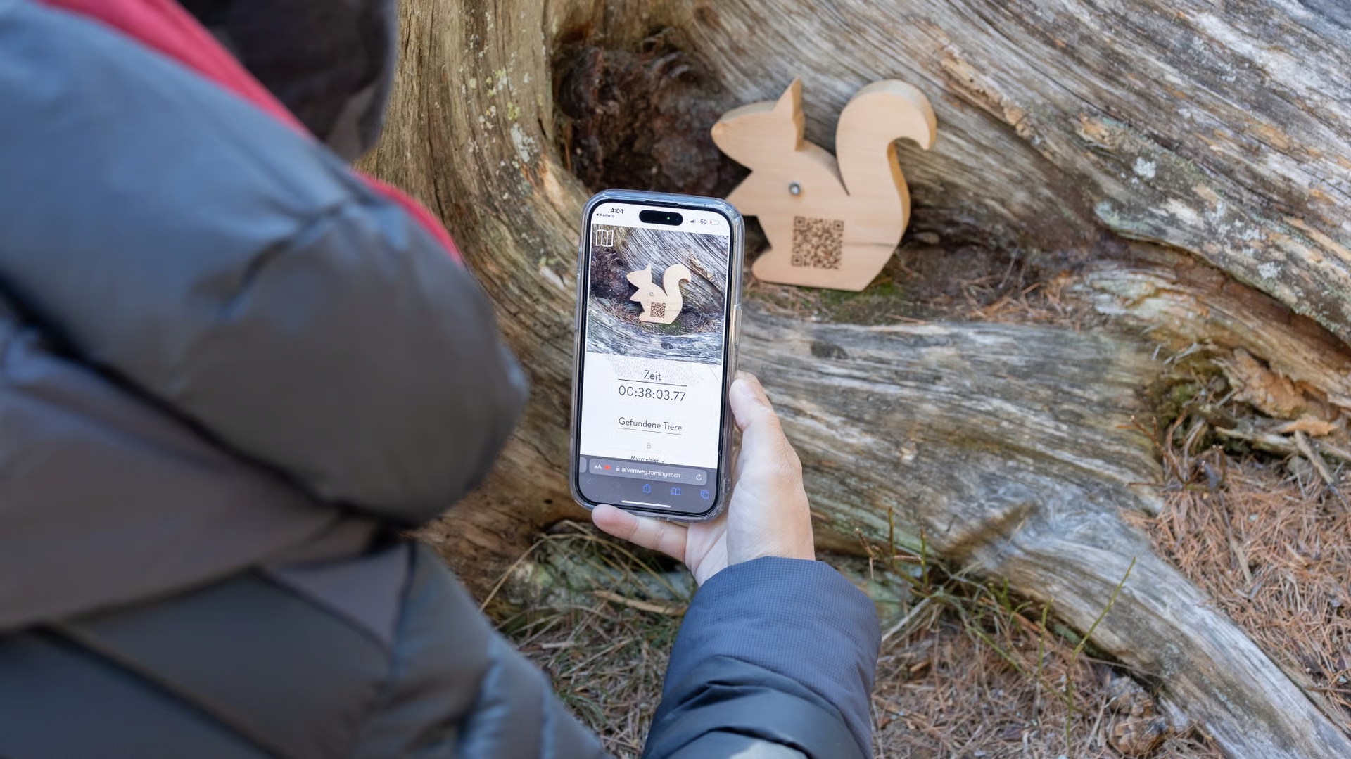 Person scannt mit dem Smartphone ein Holzschild in Eichhörnchenform mit QR-Code im Wald entlang des Arvenwegs.