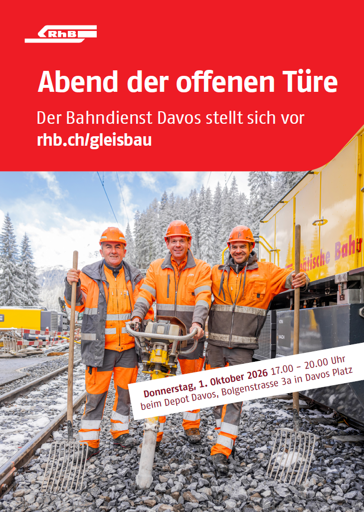 Plakat zeigt drei Gleisbauer und Informationen zum Event Abend der offenen Türe