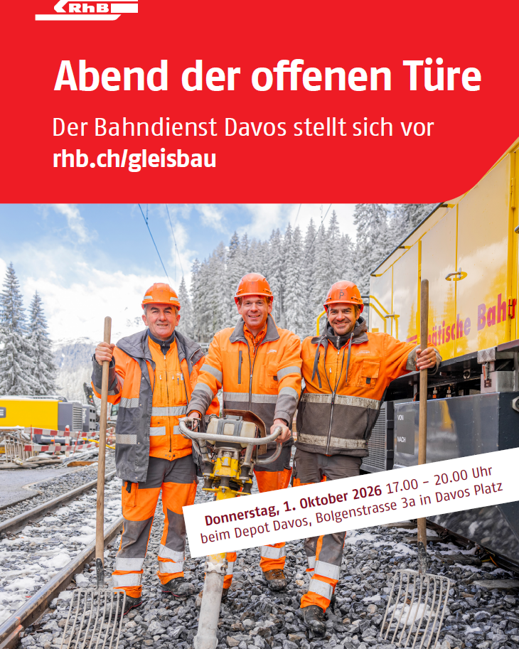 Plakat zeigt drei Gleisbauer und Informationen zum Event Abend der offenen Türe