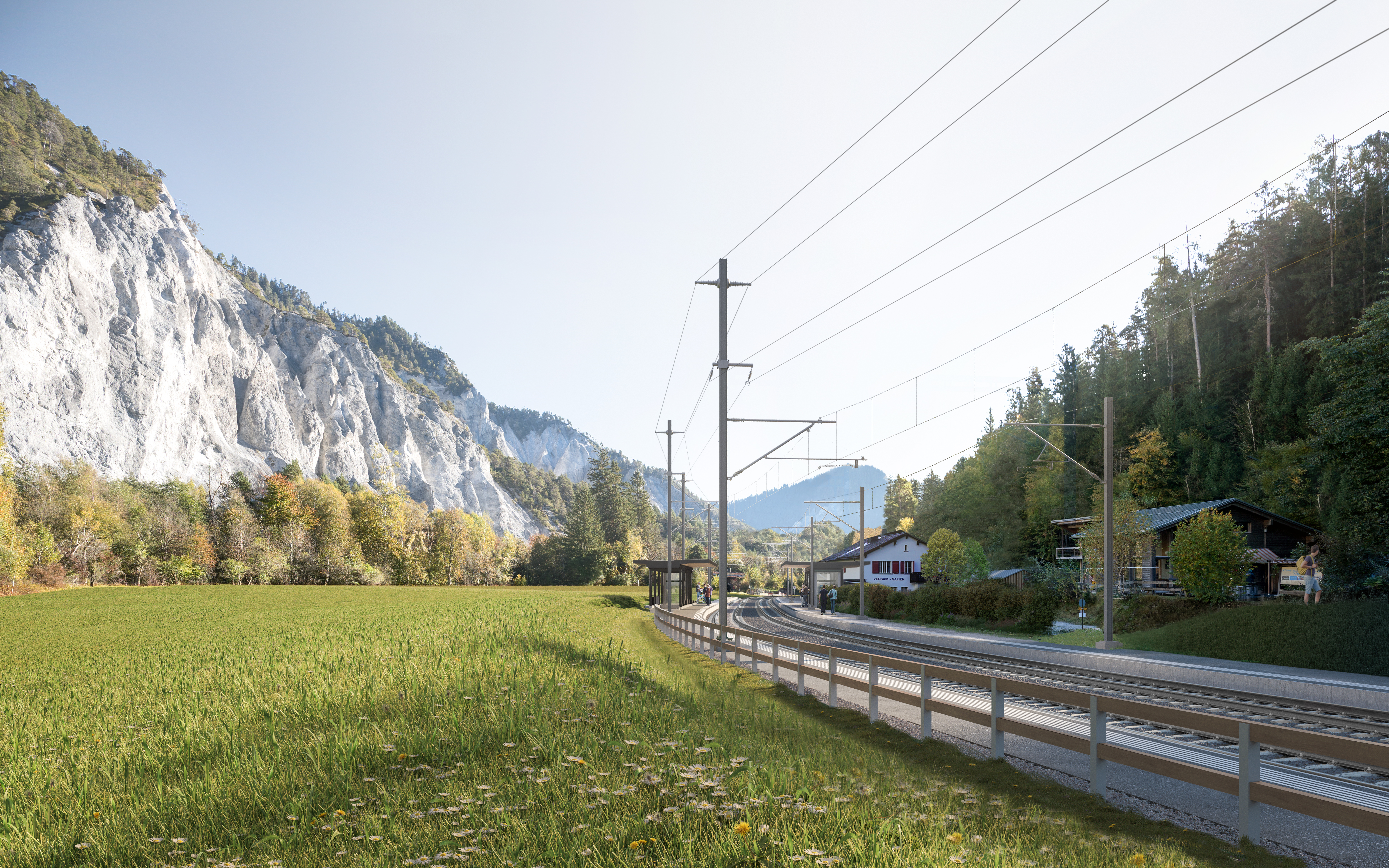 Visualisierung der neuen Perronanlagen des Bahnhofs Versam-Safien.