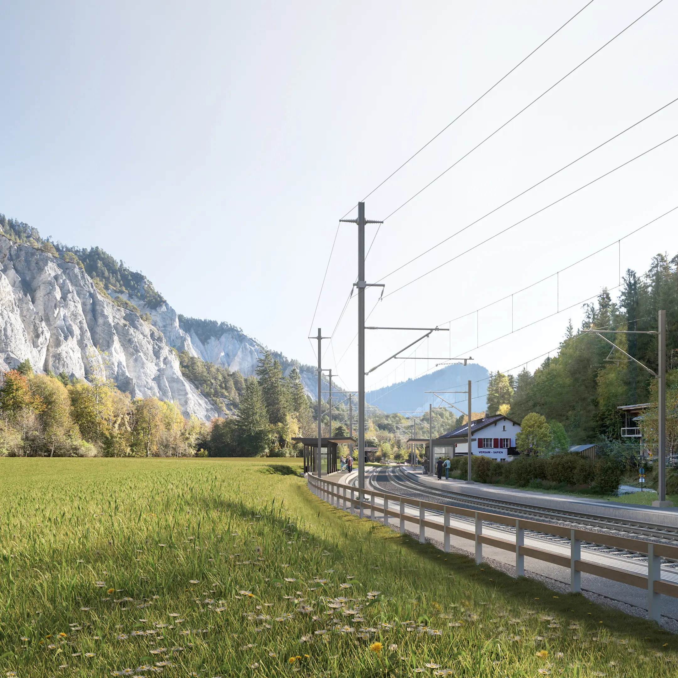 Visualisierung der neuen Perronanlagen des Bahnhofs Versam-Safien.