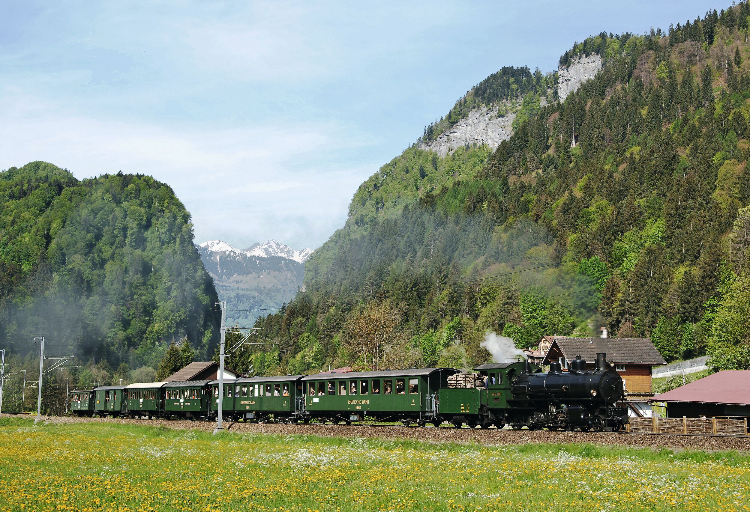 A historical steam train travels through the springlike landscape near Seewis in the Prättigau region.