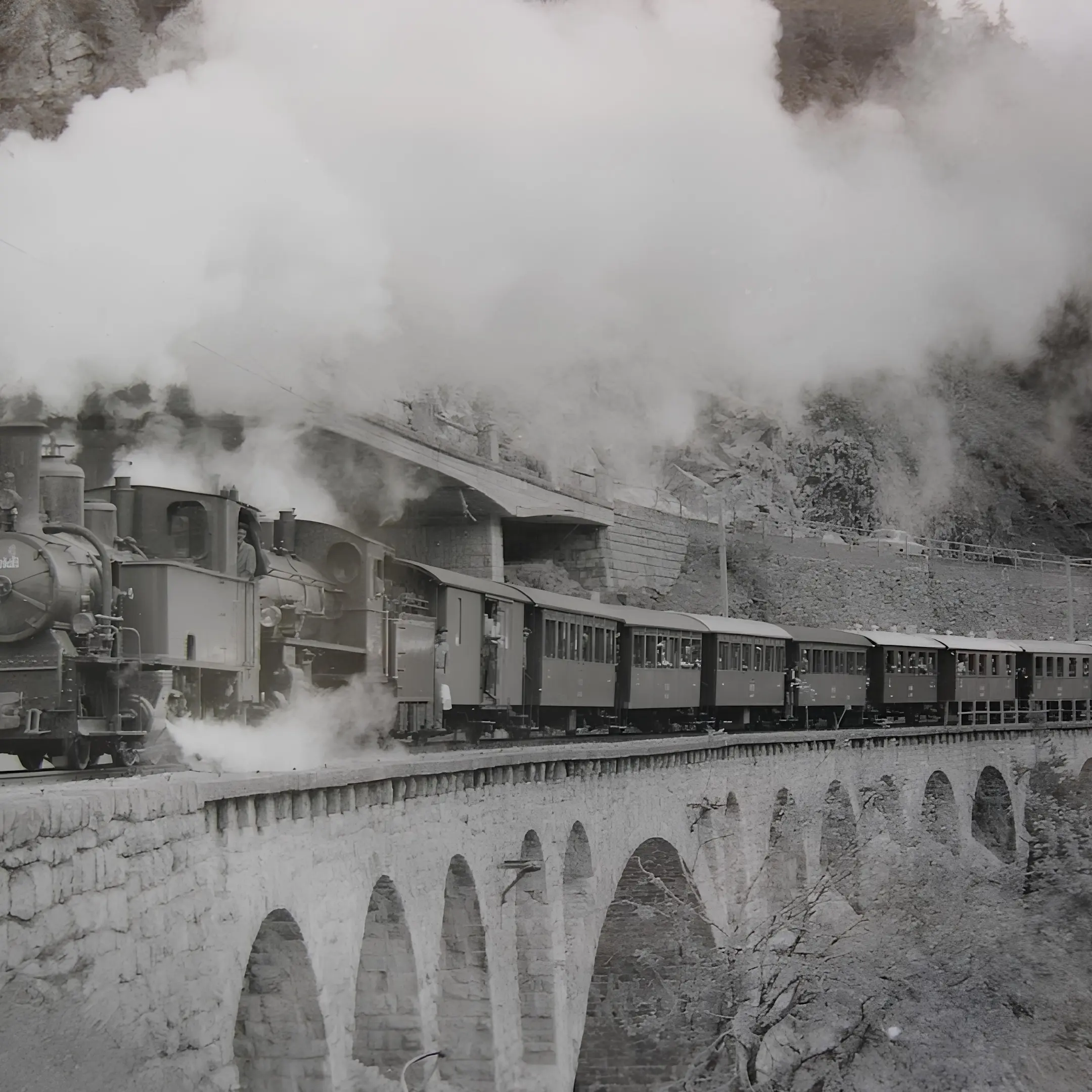 Historisches Bild der Dampflokomotive Heidi auf einem Viadukt
