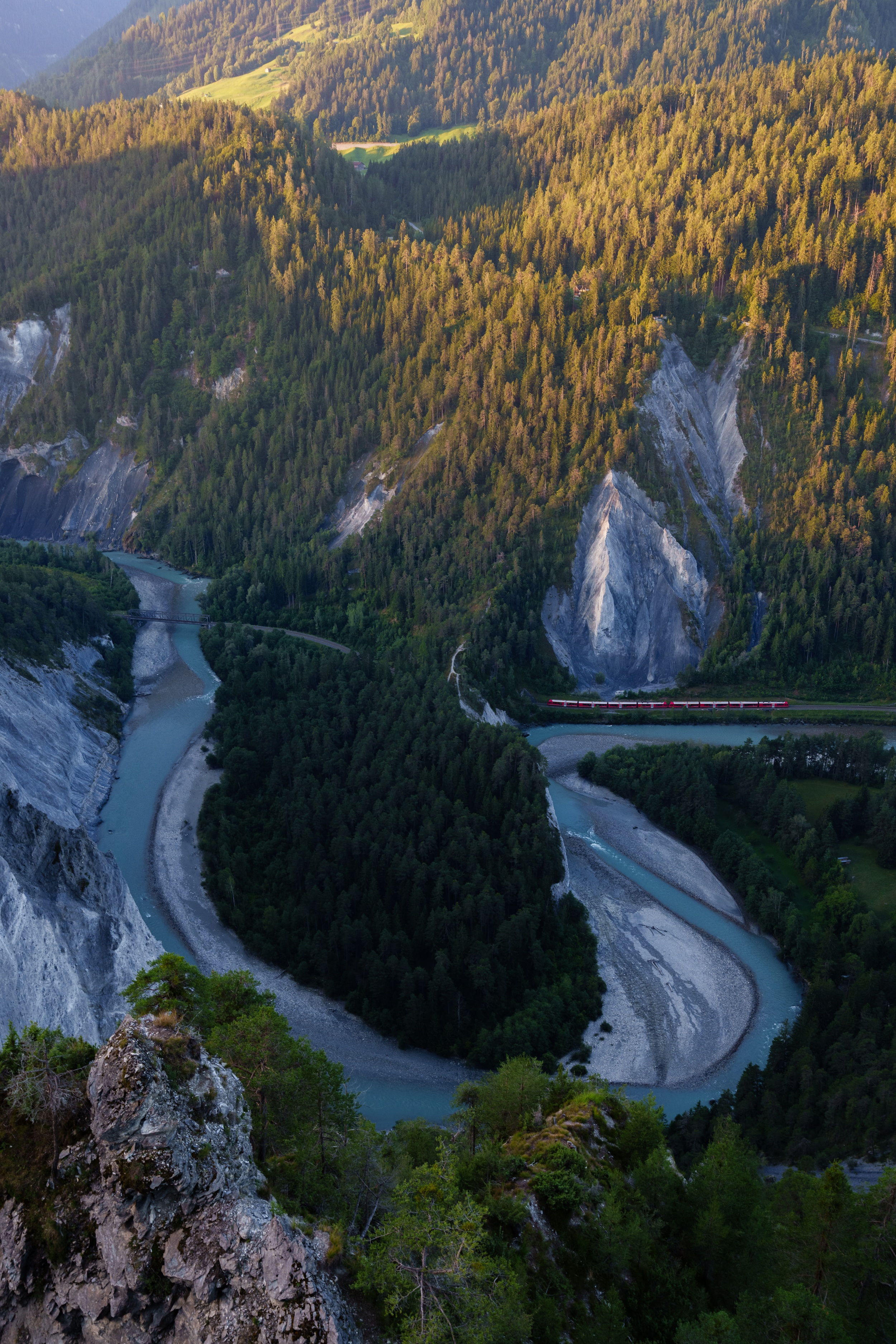 Der Regioexpress der RhB fährt durch die Rheinschlucht.