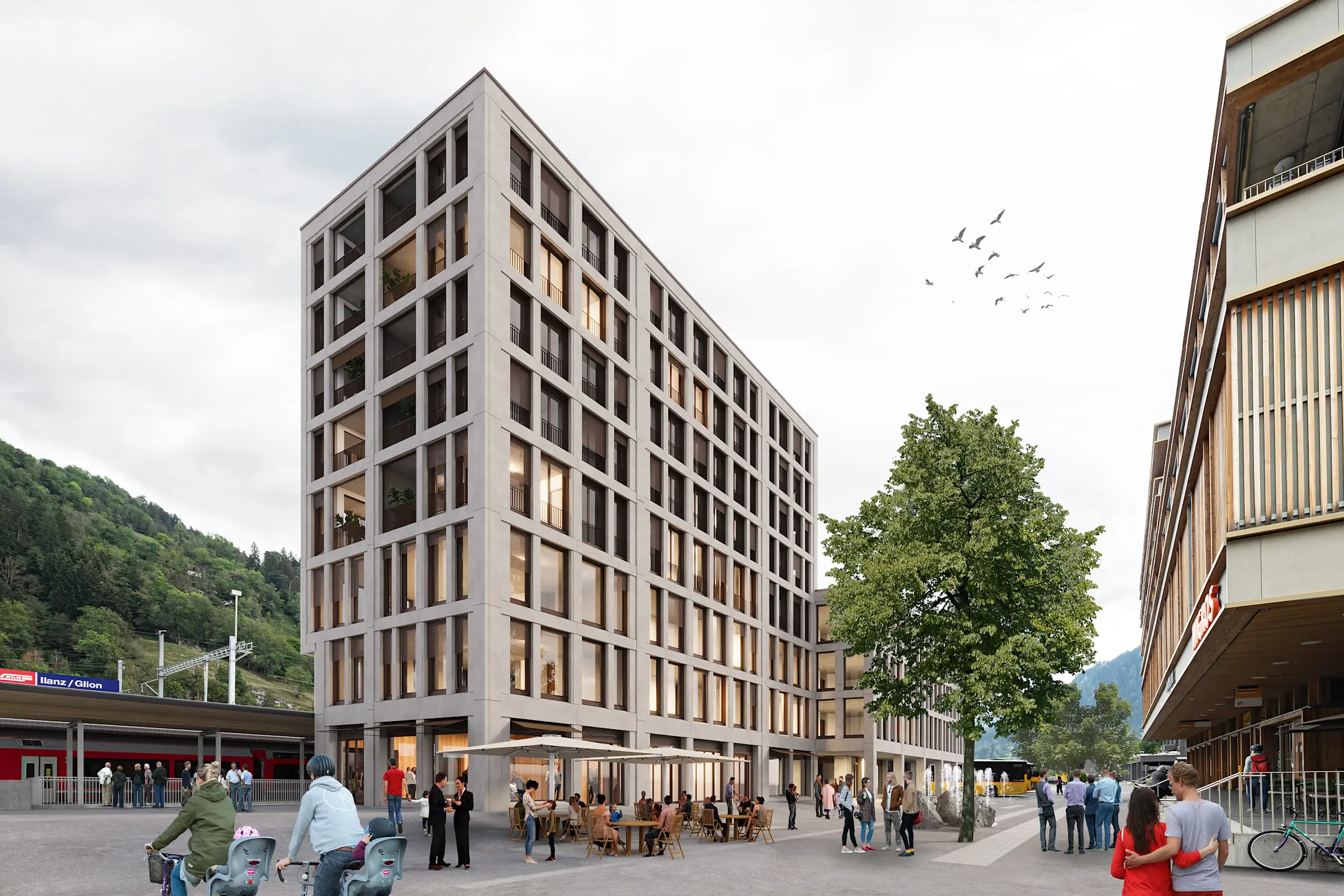 Visualisierung des neuen Bahnhofgebäudes in Ilanz