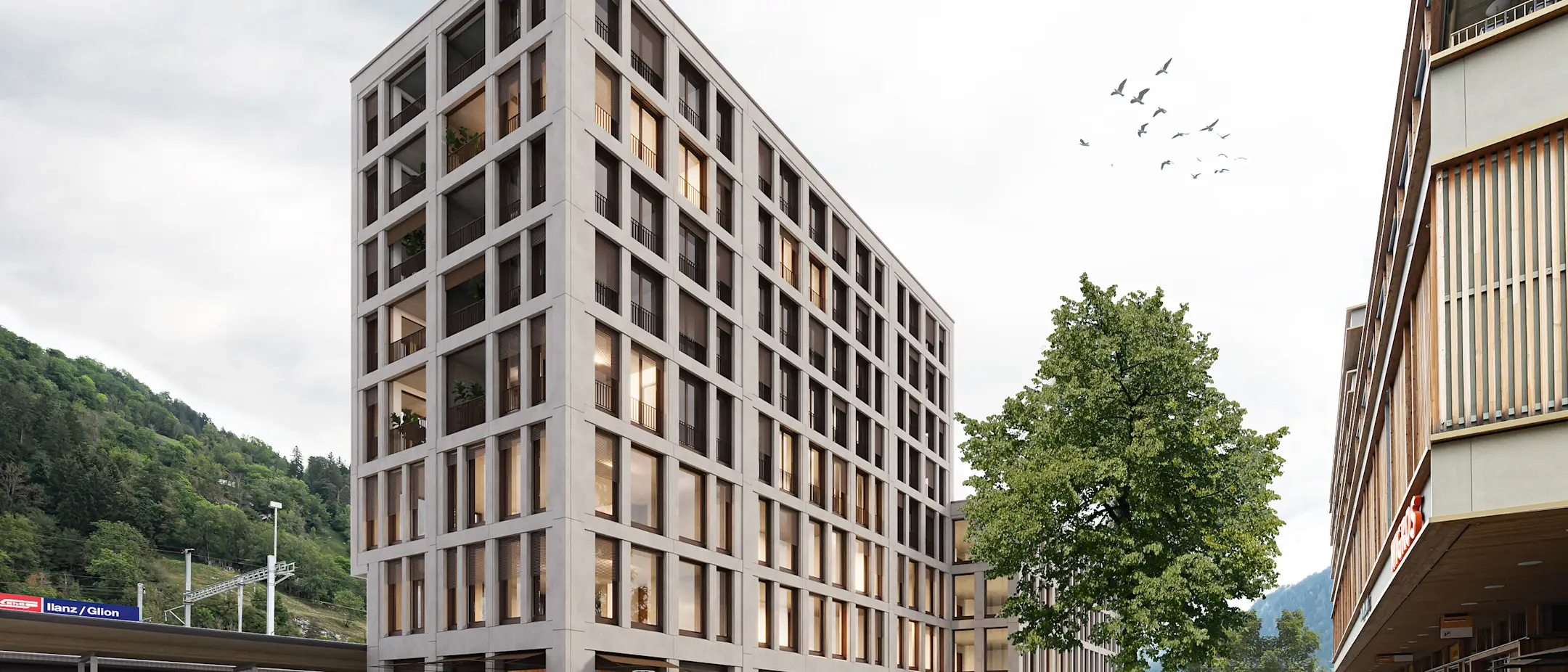 Visualisierung des neuen Bahnhofgebäudes in Ilanz