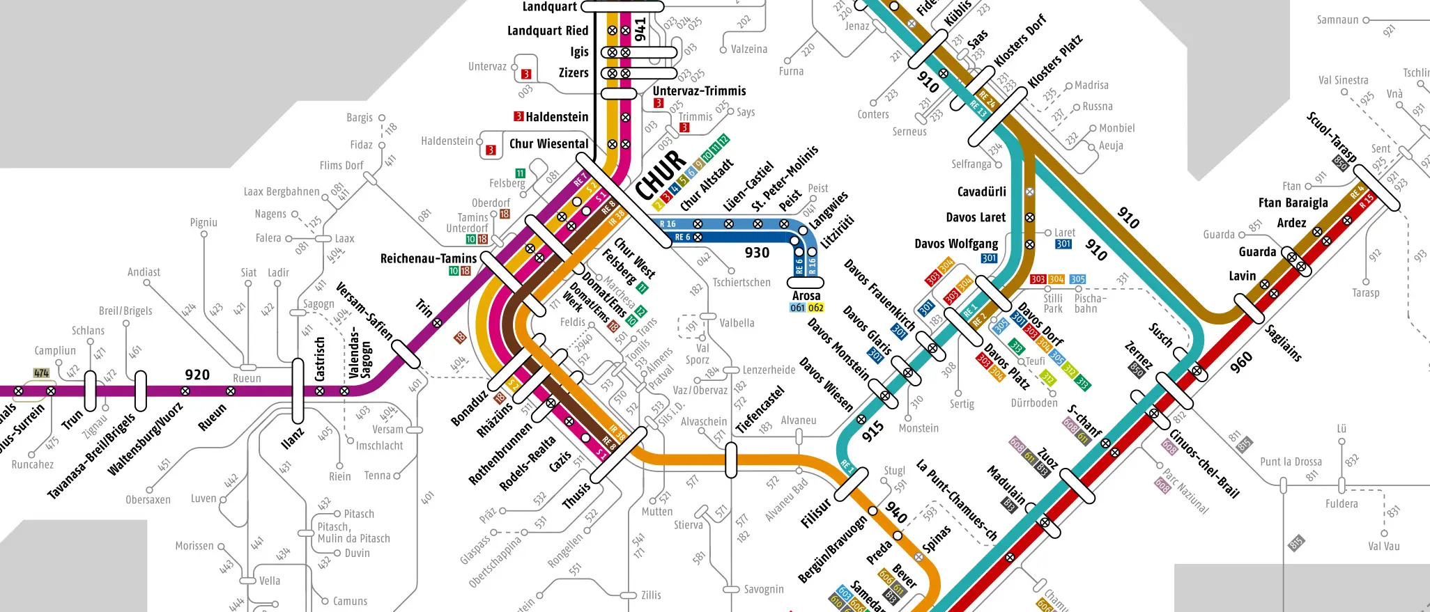 Bildausschnitt des Linienplans der Rhätischen Bahn