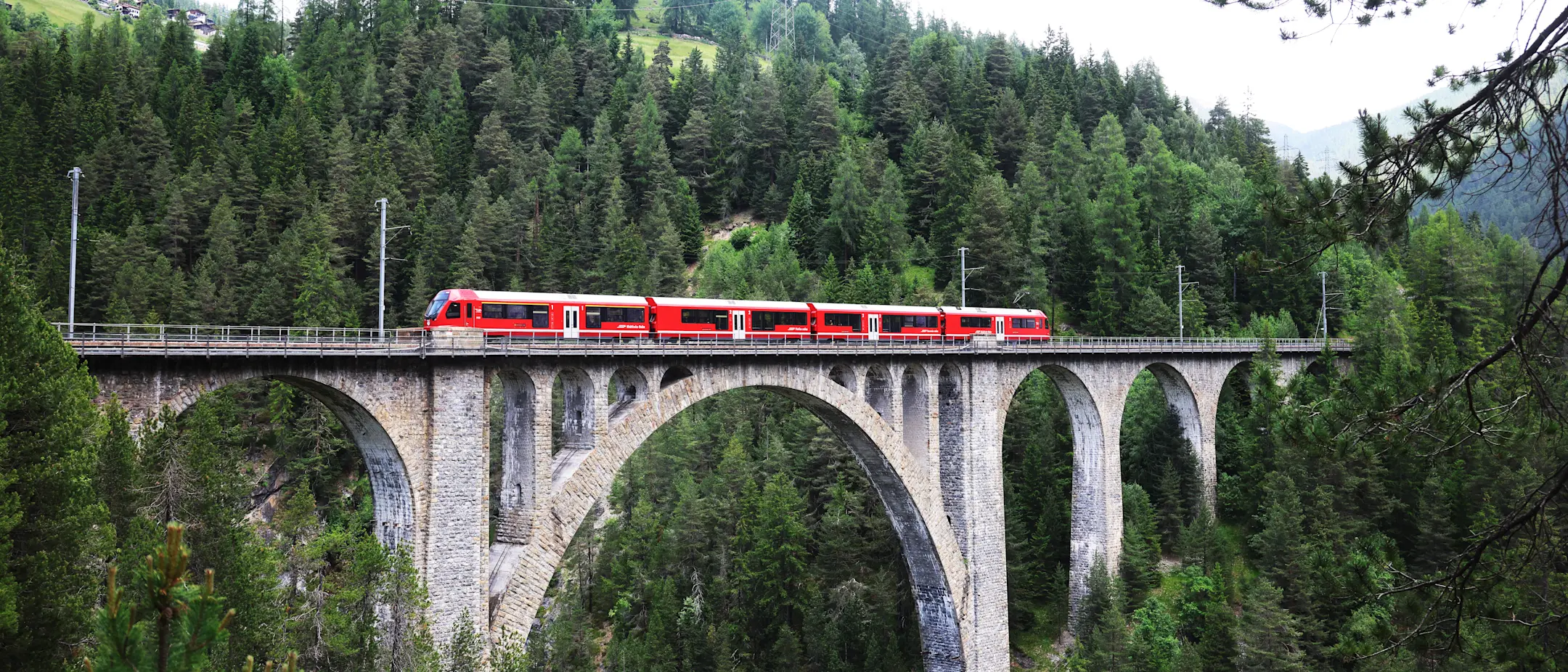 Ein Capricorn Triebzug der Rhätischen Bahn auf einer Brücke im Wald