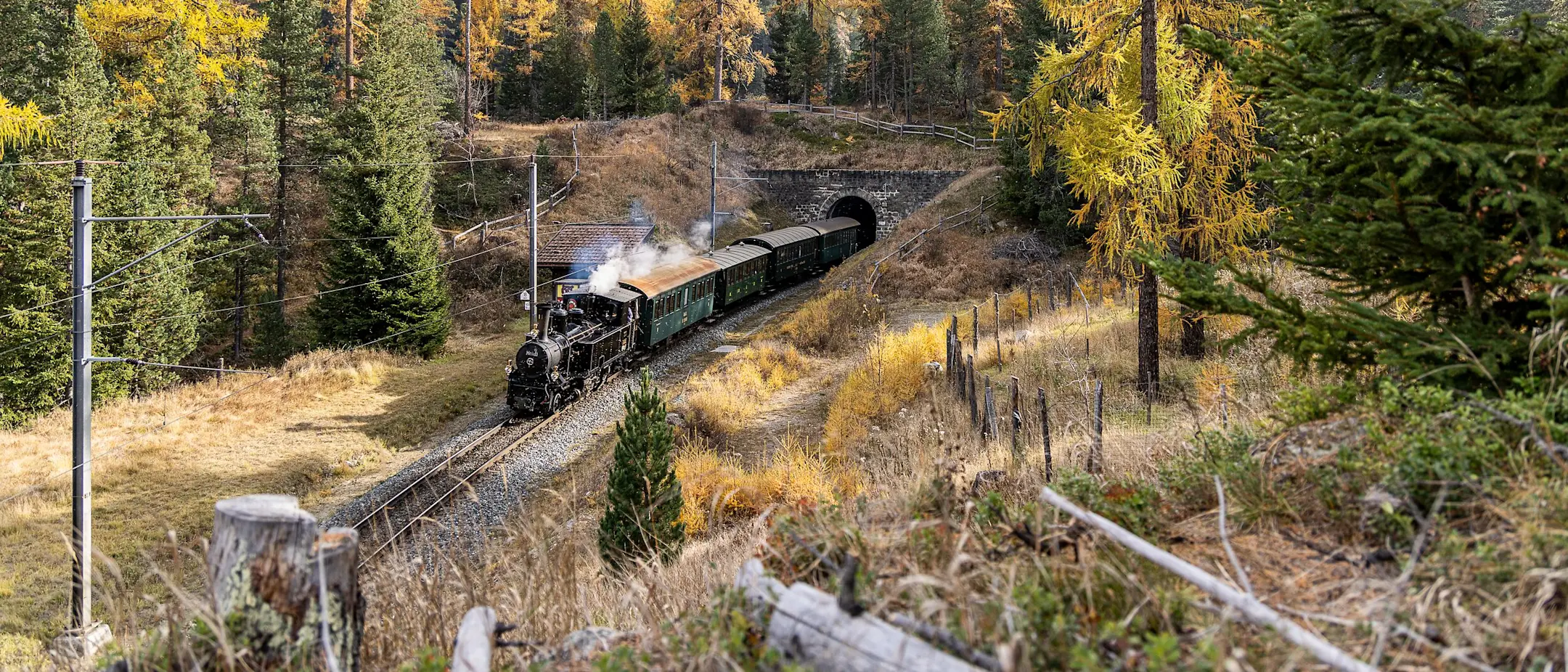 Steam engine “Heidi” travels through the autumnal Engadin with its golden larches
