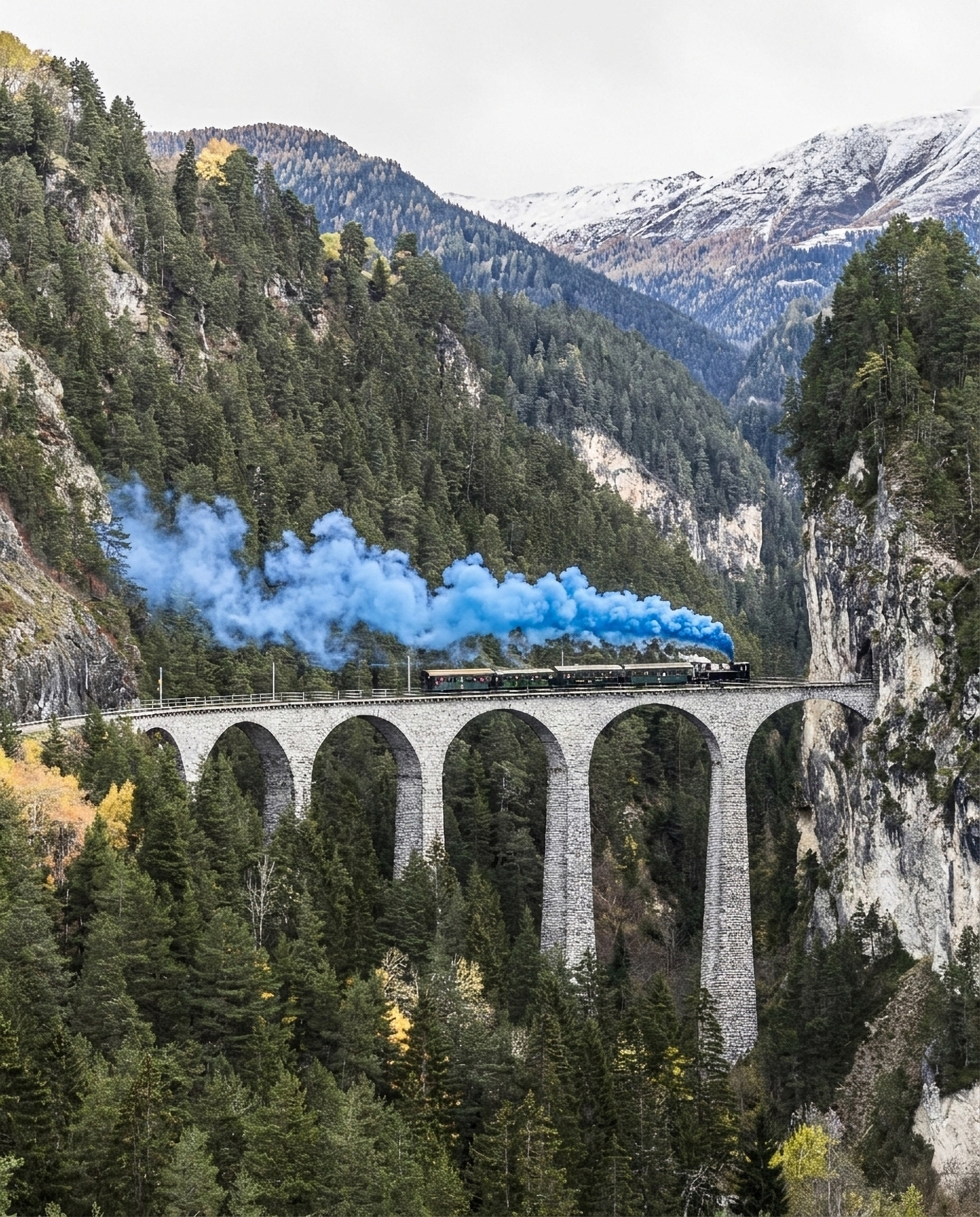 Ein Dampfzug der RhB fährt über den Landwasserviadukt. Der Dampf ist blau eingefärbt. 