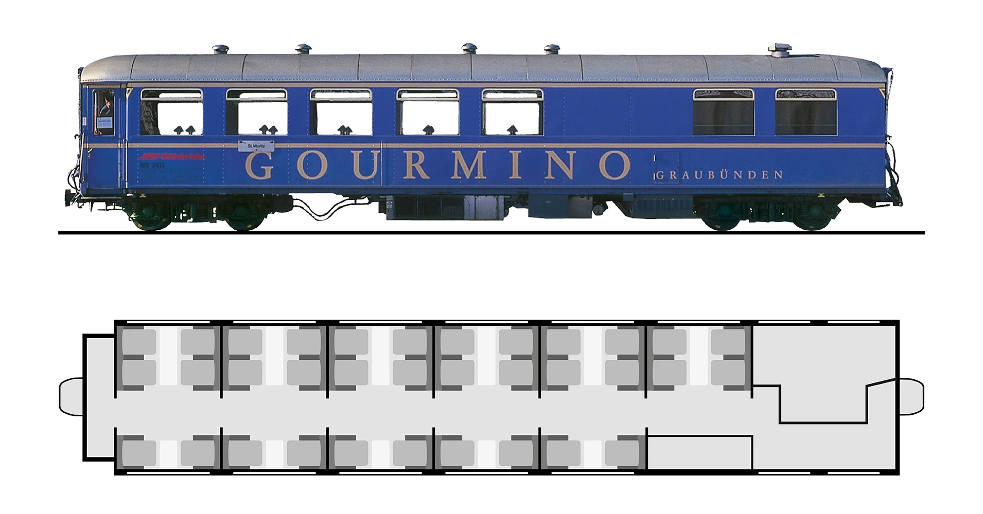 Sitzplatzanordnung und Aussenansicht vom Gourmino