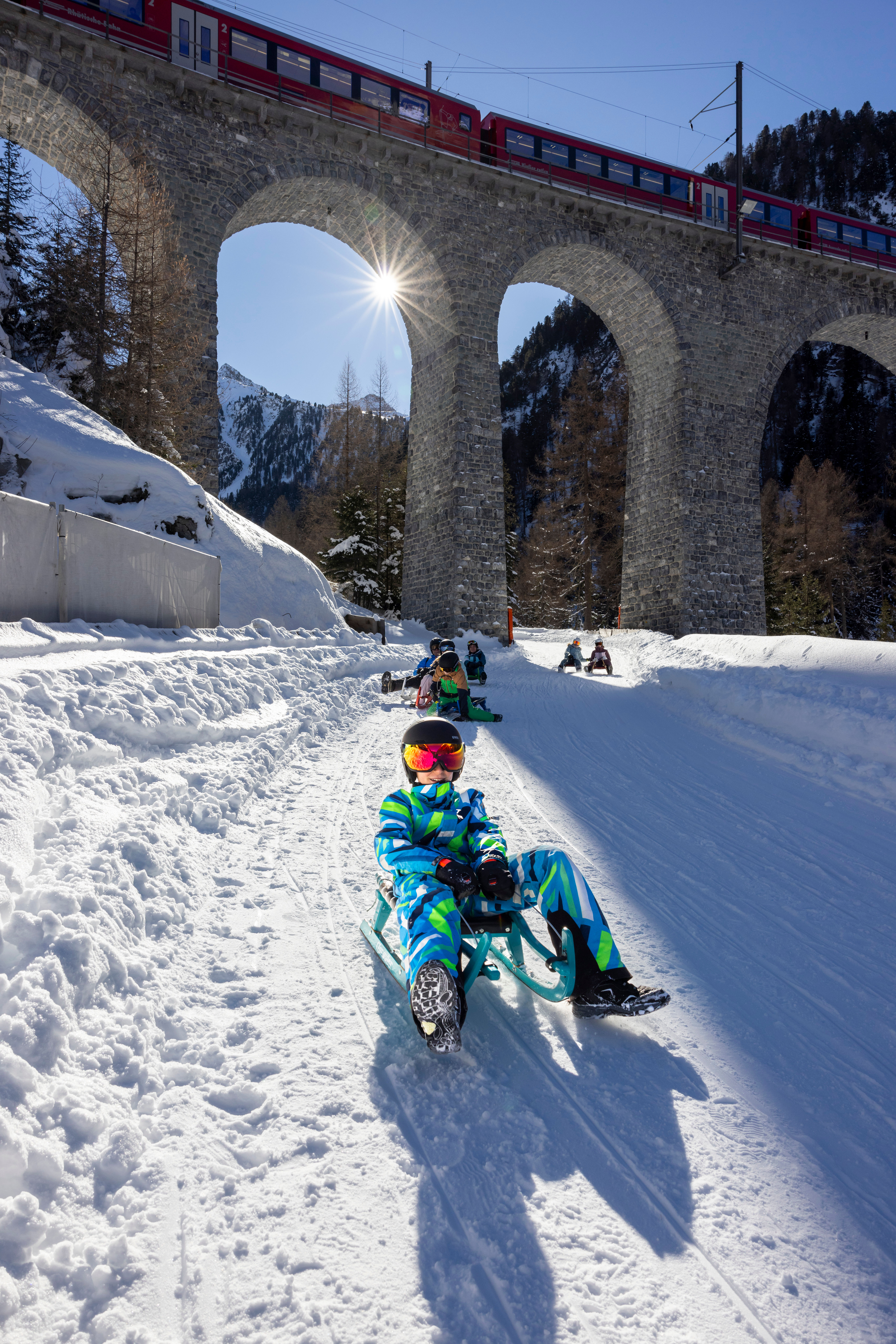 Vier Schlittler rodeln auf ihren Schlitten einen Hang hinab, im Hintergrund ein RhB Zug auf einer Brücke